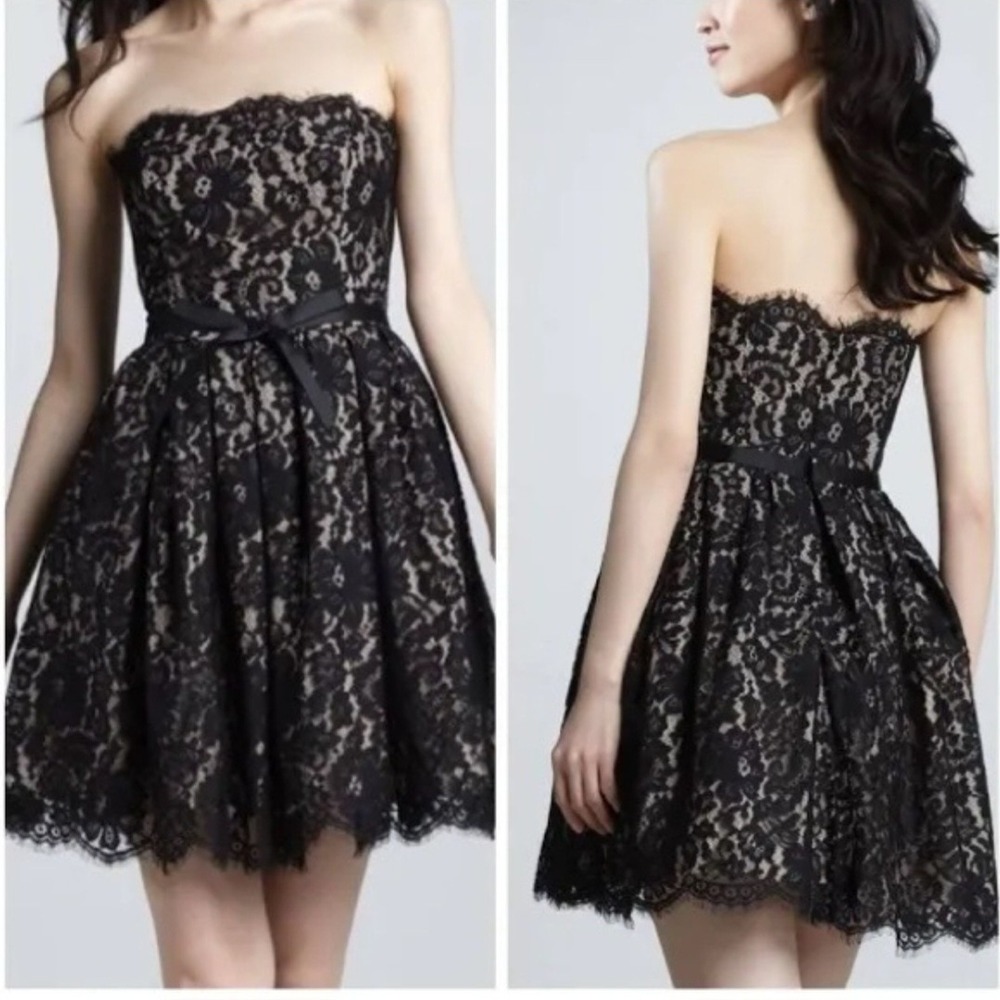 New Neiman Marcus Target Cocktail Party Dress Black Lace & Tan Strapless Size 10